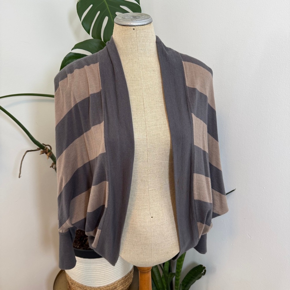 Elan Striped Cardigan Women Size S Grey Taupe Batwing Open Front Knit SW191